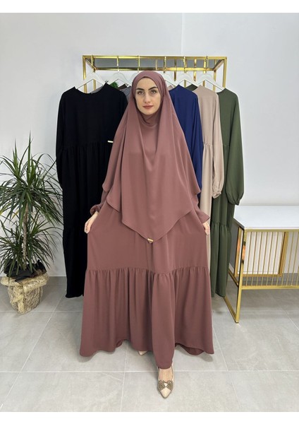Ferace & Abaya Sufle Eşarp ve Iki Kat Büzgülü Elbise Takım.hijab .hac ve Umre Için Uygundur Gül