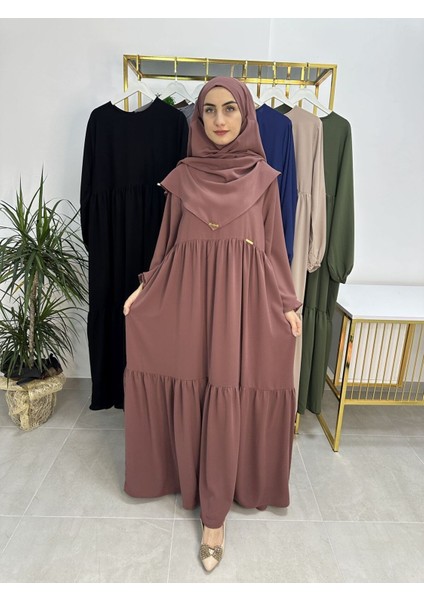 Ferace & Abaya Sufle Eşarp ve Iki Kat Büzgülü Elbise Takım.hijab .hac ve Umre Için Uygundur Gül fiyatları