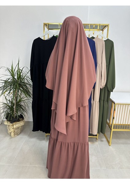 Ferace & Abaya Sufle Eşarp ve Iki Kat Büzgülü Elbise Takım.hijab .hac ve Umre Için Uygundur Gül fırsatları