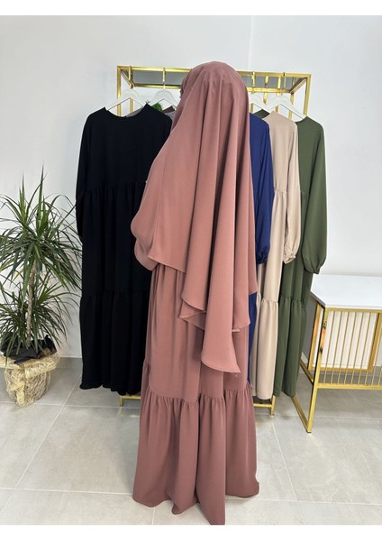 Ferace & Abaya Sufle Eşarp ve Iki Kat Büzgülü Elbise Takım.hijab .hac ve Umre Için Uygundur Gül indirimleri