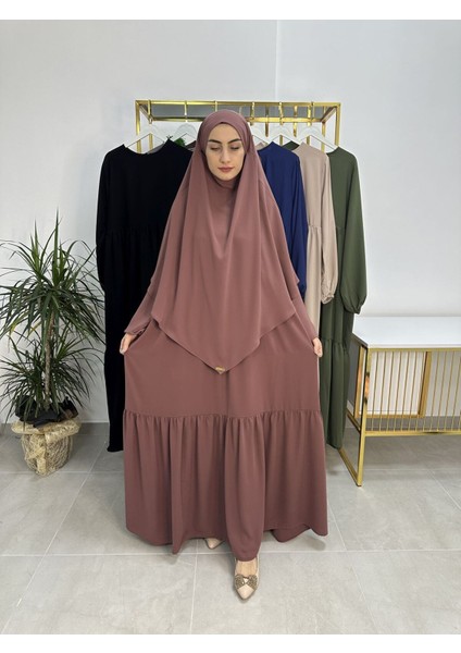 Ferace & Abaya Sufle Eşarp ve Iki Kat Büzgülü Elbise Takım.hijab .hac ve Umre Için Uygundur Gül