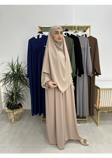 Ferace & Abaya Sufle Esarp ve Üsten Robalı Kemerli Elbise Takım .hac ve Umre Için Uygundur Bej