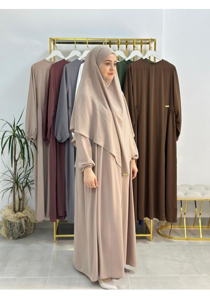 Yandan Büzgülü Elbise Sufle Esarp Takım Jilbab,abaya,hijab ( Hac ve Umre Için Uygundur) Bej