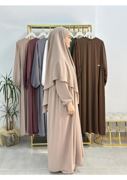 Yandan Büzgülü Elbise Sufle Esarp Takım Jilbab,abaya,hijab ( Hac ve Umre Için Uygundur) Bej fiyatları