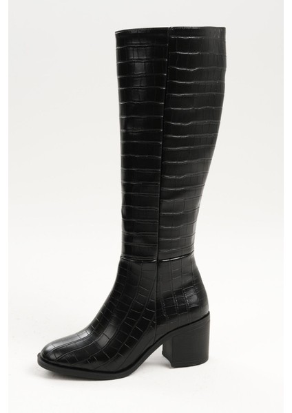 Albertine Siyah Renk Krokodil Desenli Kalın Topuklu Fermuarlı Kadın Çizme
