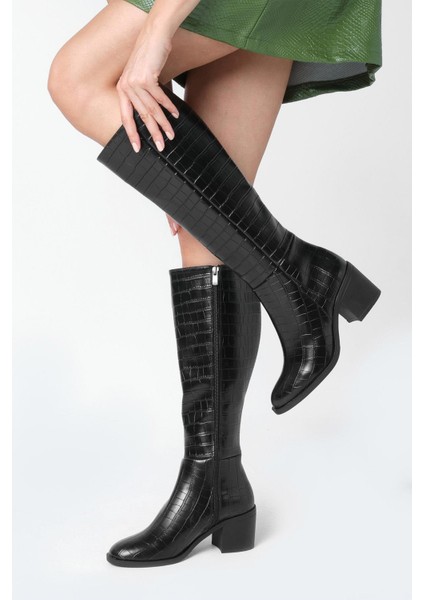 Albertine Siyah Renk Krokodil Desenli Kalın Topuklu Fermuarlı Kadın Çizme fiyatları