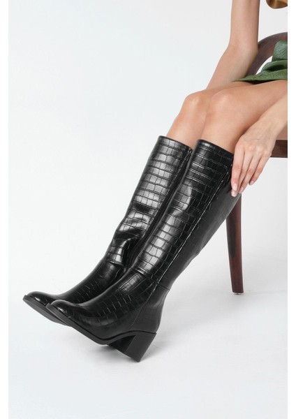 Albertine Siyah Renk Krokodil Desenli Kalın Topuklu Fermuarlı Kadın Çizme fırsatları