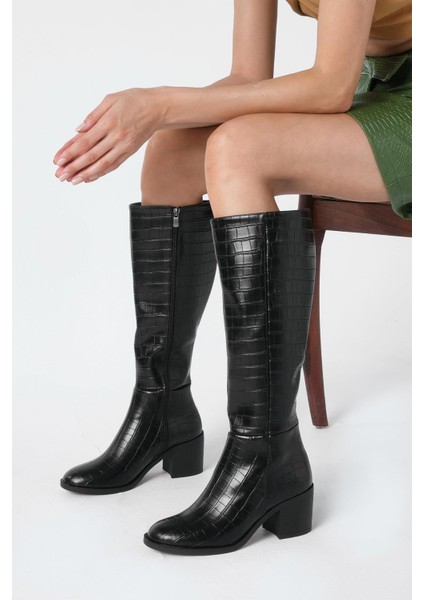 Albertine Siyah Renk Krokodil Desenli Kalın Topuklu Fermuarlı Kadın Çizme