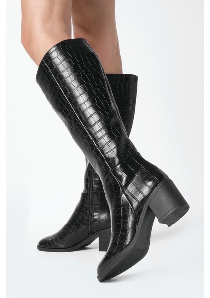 Albertine Siyah Renk Krokodil Desenli Kalın Topuklu Fermuarlı Kadın Çizme