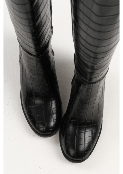 Albertine Siyah Renk Krokodil Desenli Kalın Topuklu Fermuarlı Kadın Çizme