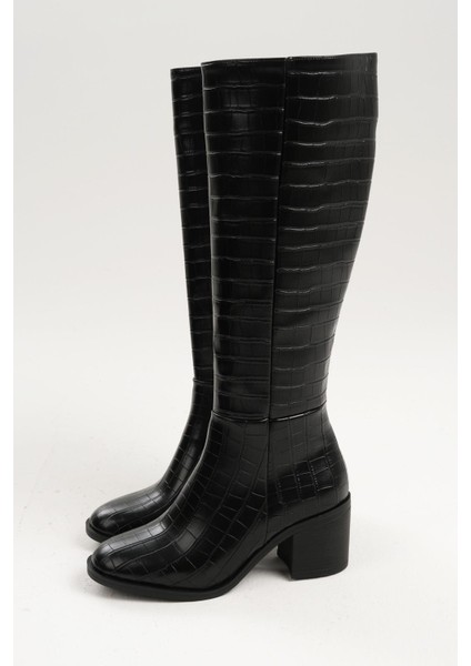 Albertine Siyah Renk Krokodil Desenli Kalın Topuklu Fermuarlı Kadın Çizme