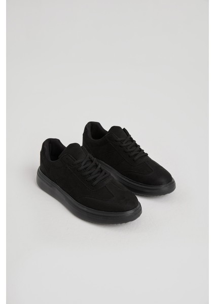 Erkek Siyah Kalın Faylon Hafif Taban Bağcıklı Spor Ayakkabı