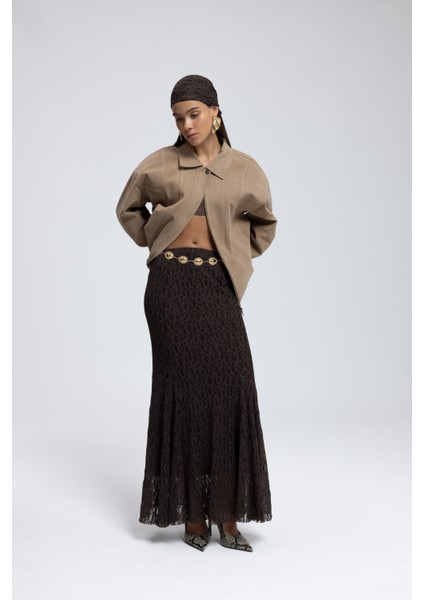 Veylia Uzun Kahve Dantel Etek