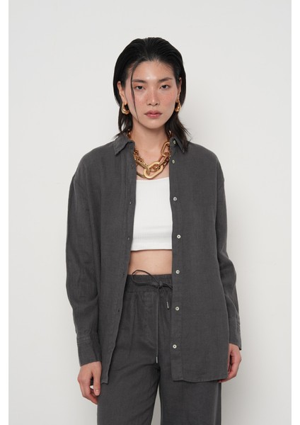 Kadın %100 Keten Yanları Düğme Detaylı Gömlek