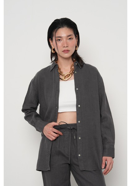 Kadın %100 Keten Yanları Düğme Detaylı Gömlek fiyatları