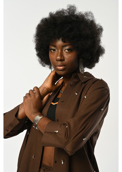 Kadın Önü Taş Işlemeli Kahverengi Gömlek fiyatları