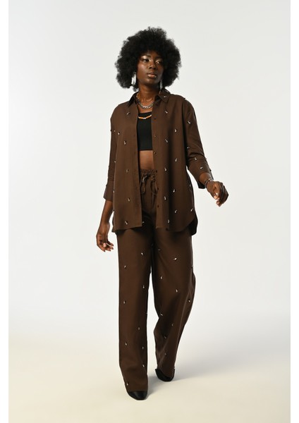 Kadın Önü Taş Işlemeli Kahverengi Gömlek modelleri