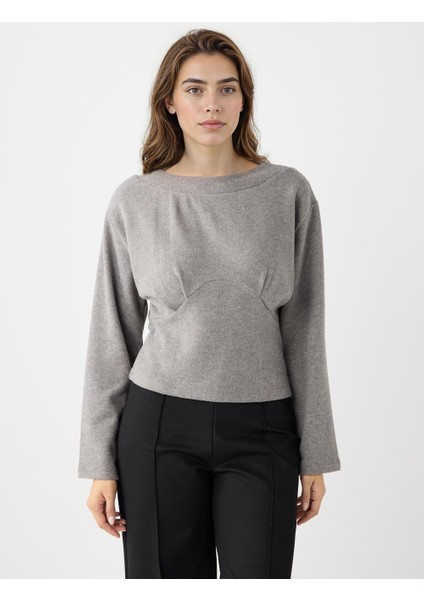 Antrasit Melanj Kayık Yaka Uzun Kollu Yumuşak Dokulu Sweatshirt