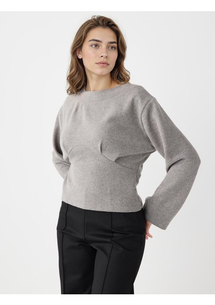 Antrasit Melanj Kayık Yaka Uzun Kollu Yumuşak Dokulu Sweatshirt modelleri