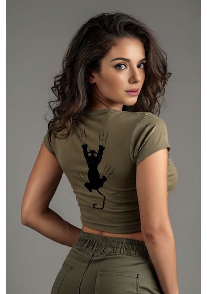 Tırmanan Kedi Baskılı Haki Crop Top