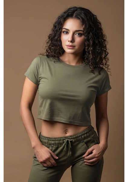 Tırmanan Kedi Baskılı Haki Crop Top fiyatları