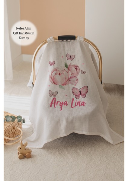 %100 Pamuk Isme Özel Çift Katlı Müslin Puset Örtüsü - Tomurcuk Çiçek ve Kelebek