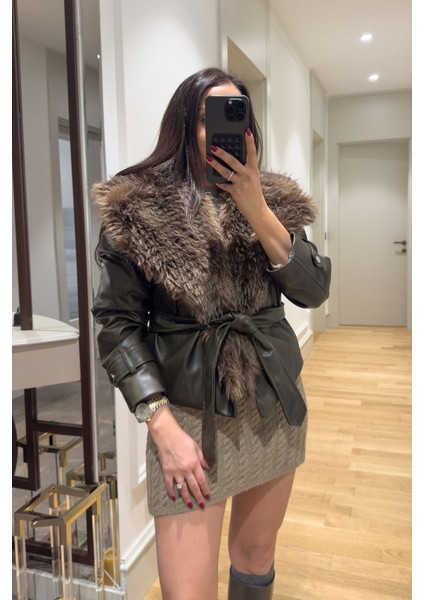 Kürklü Şal Yaka Premium Deri Ceket- Haki