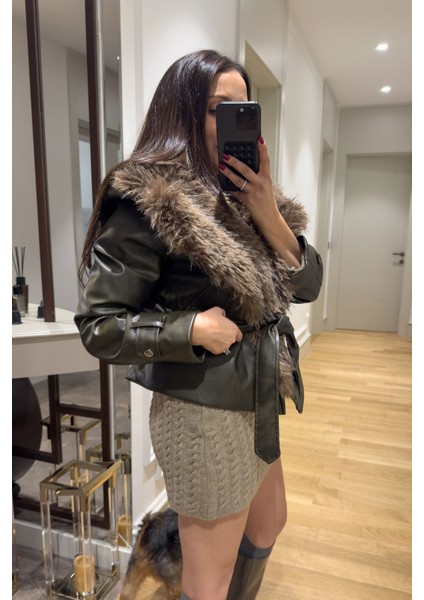 Kürklü Şal Yaka Premium Deri Ceket- Haki fiyatları
