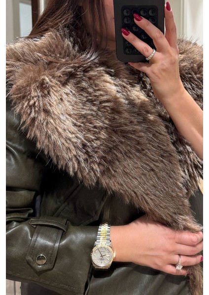 Kürklü Şal Yaka Premium Deri Ceket- Haki modelleri