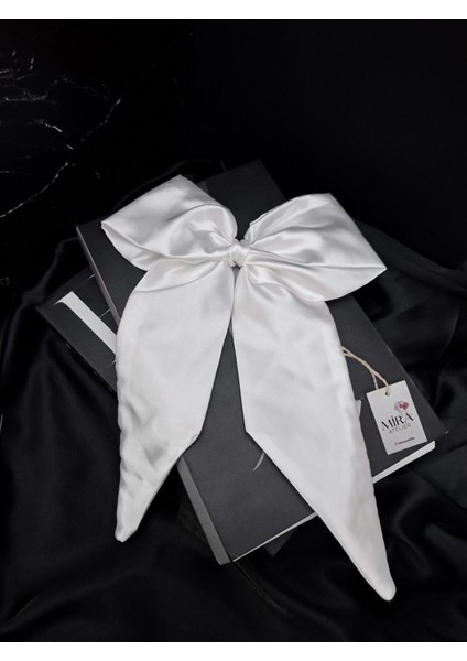 Kadın Saten Fiyonk Saç Tokası / Inci Işıltısı – Otomatik Klipsli - Uzun Boy