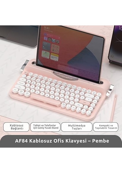 Kablosuz Bluetooth & 2.4g Çift Modlu Retro Daktilo Tasarımlı Klavye – Yuvarlak Tuşlu, Tablet & Telefon Standlı, Ergonomik, Taşınabilir, Pille Çalışan, Sessiz ve Konforlu Ajazz AF84 Pembe modelleri