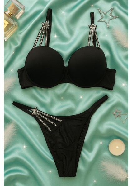 Taş Detaylı Siyah Push Up Sütyen Takımı