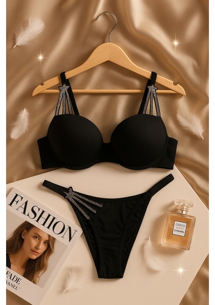 Taş Detaylı Siyah Push Up Sütyen Takımı fırsatları