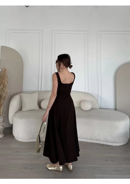 Sırt Dekolteli Kolsuz Uzun Elbise - Kahverengi modelleri