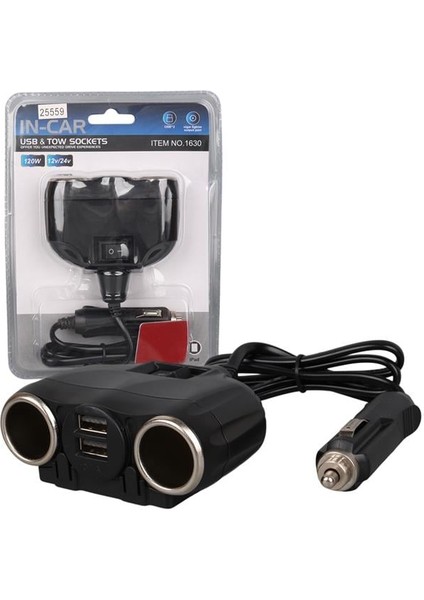 1630 12-24V Çift USB Girişli 120W 80CM Kablolu 2'lı Araç Çakmak Çoklayıcı