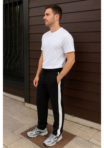 Erkek Üç Iplik Kışlık Pamuklu Yandan Garneli Kalın Şeritli Cepli Eşofman Altı - Siyah