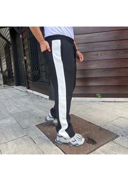 Erkek Üç Iplik Kışlık Pamuklu Yandan Garneli Kalın Şeritli Cepli Eşofman Altı - Siyah fiyatları