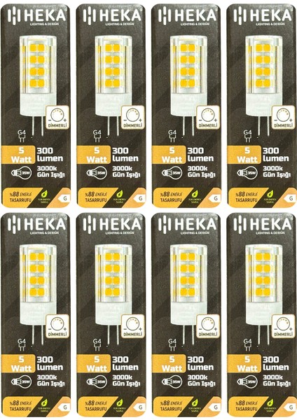 (8 Adet) Heka 5W (35W) 3000K (Sarı Işık) G4 Duylu Dim Edilebilir LED Kapsül Ampul