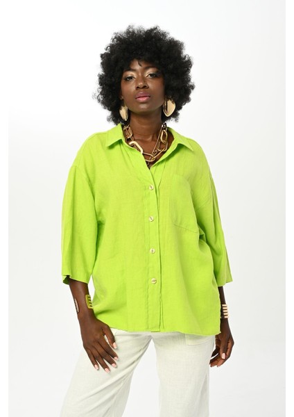 Kadın Düz Renk Tek Cepli %100 Keten Gömlek