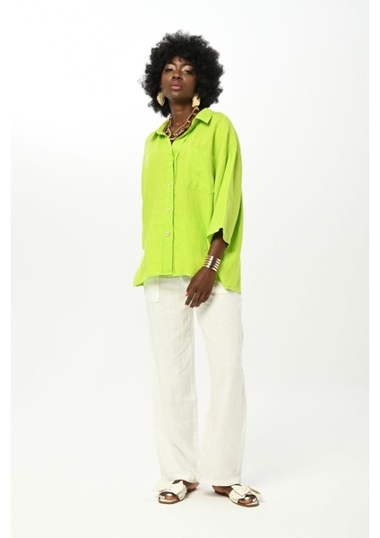 Kadın Düz Renk Tek Cepli %100 Keten Gömlek fırsatları