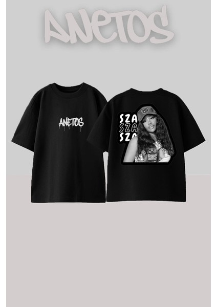 Sza Sticker Tasarım Sırt Baskılı Pamuk Siyah Oversize T-Shirt