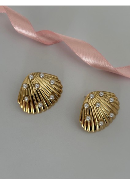 Midye Model Inci Top Detay Kararmaz Gold Çelik Küpe