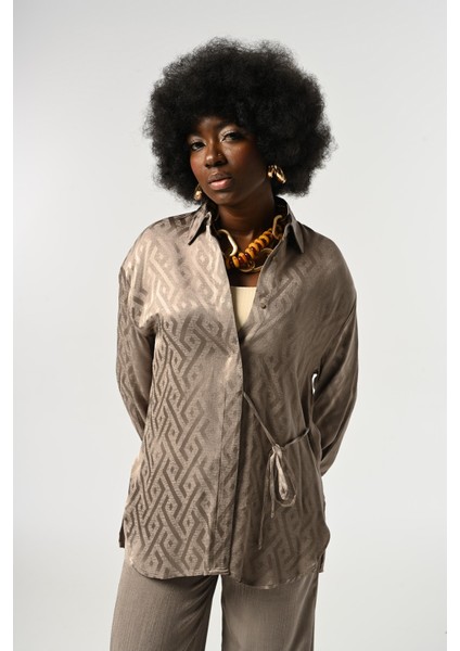 Kadın Etnik Desenli Bağlama Detaylı Gri Renk Gömlek fiyatları