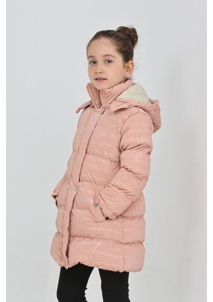 Kız Çocuk Pembe Kışlık Kapüşonlu ve Fermuarlı Şişme Mont