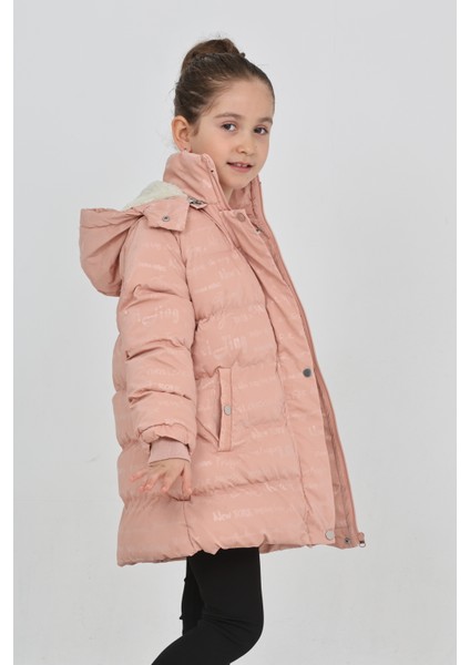 Kız Çocuk Pembe Kışlık Kapüşonlu ve Fermuarlı Şişme Mont