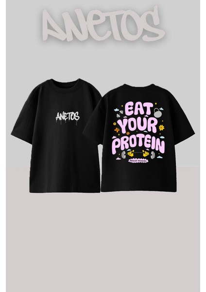 Eat Your Proteın Tasarım Sırt Baskılı Pamuk Siyah Oversize T-Shirt