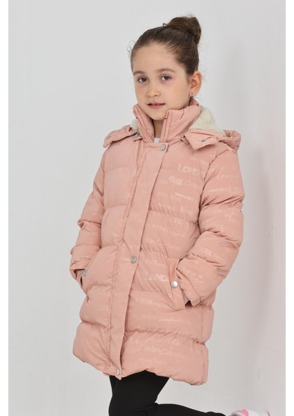 Kız Çocuk Pembe Kışlık Kapüşonlu ve Fermuarlı Şişme Mont