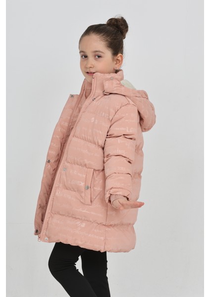 Kız Çocuk Pembe Kışlık Kapüşonlu ve Fermuarlı Şişme Mont