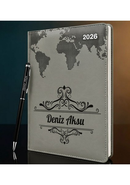 Kişiye Özel Isimli Termo Sert Kapak 2026 Gri Ajanda & Kalem -2, Öğretmenler Günü Hediyesi, Yeni Iş Hediyesi
