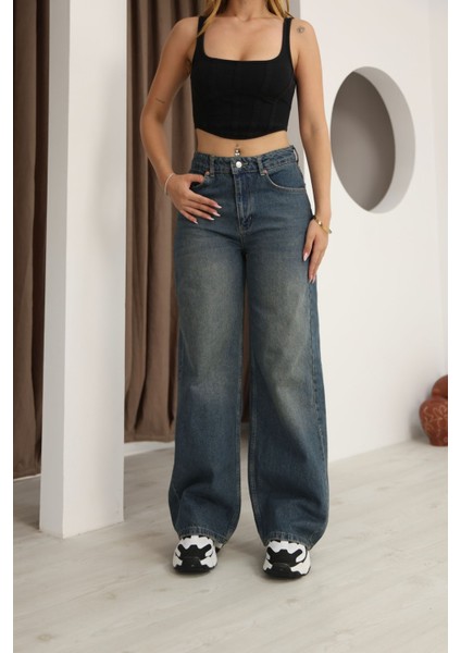 Mavi Yüksek Bel Taş Yıkamalı Tint Efektli Palazzo Kot Pantolon